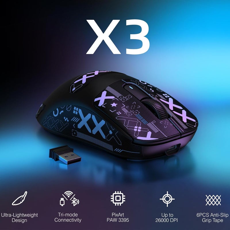 MANBASNAKE Attack Shark X3 Wireless Gaming Mouse, 49g Lightweight Triple Mode Ergonomic Computer Mouse, PAW3395 26K DPI Sensor, 200h Battery Life, Griptape Programmable Buttons for PC/Laptop/Mac/Win - Image 2